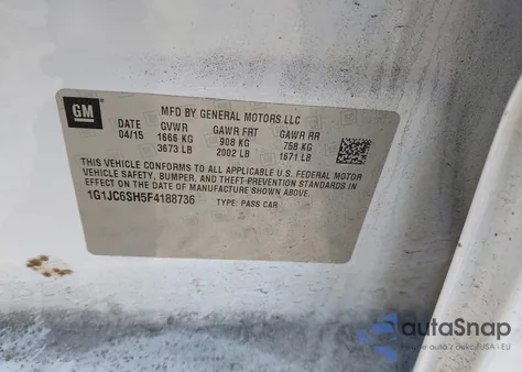 2015 Chevrolet Sonic Lt Auto z USA, uszkodzony, nr VIN 1G1JC6SH5F4188736